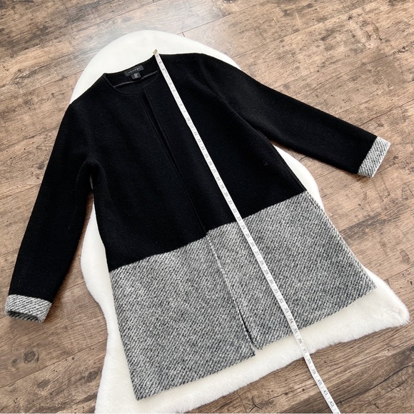 Tahari Wool Cardigan Jacket Colorblock Duster Jacket Black Grey Stripe Medium - Picture 14 of 16